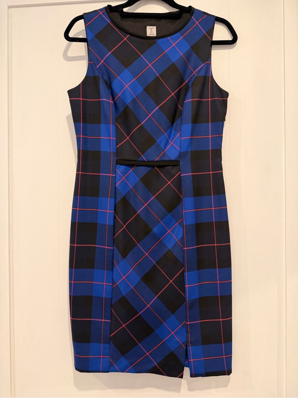 Blue and Black Plaid Sheath Dress with Red Accent